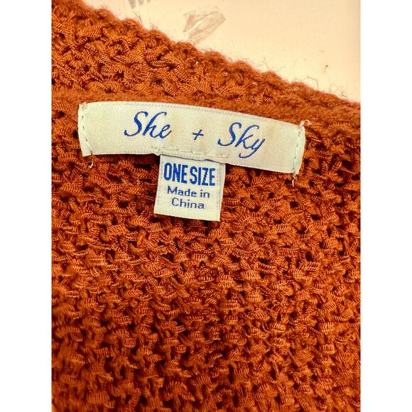 She + Sky Open Knit Oversized V Neck Sweater Rust One Size - Picture 5 of 7